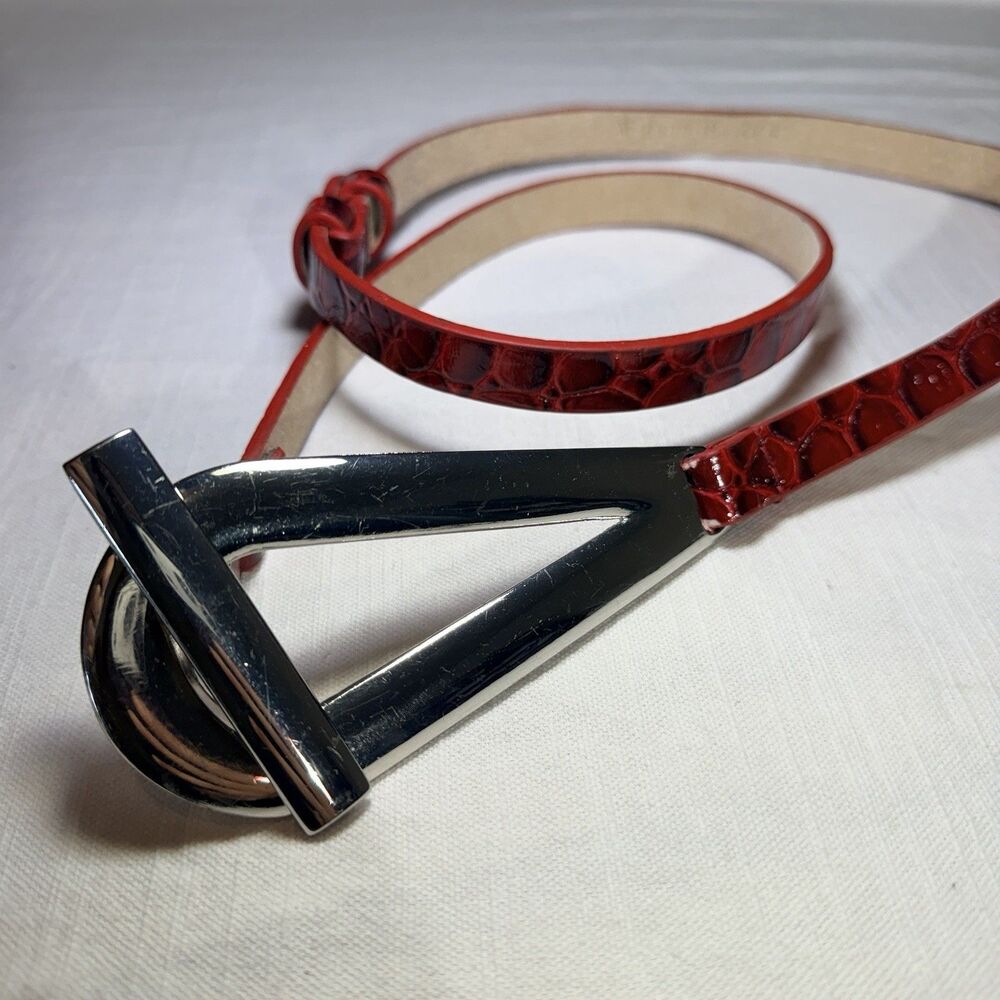 White House Black Market Red Faux Thin Leather Belt Silver XS/S Silver Loop